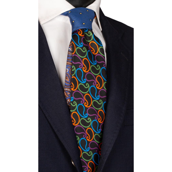 Cravata-Print-Negru-Paisley-Multicolor-Nod-in-Contrast-Albastru-cu-Galben-N2736