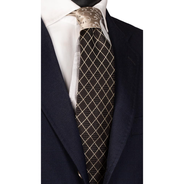 Cravata-de-Ceremonie-negru-cu-gri-în-carouri-nod-în-contrast-fantezie-gri-închis-N2771