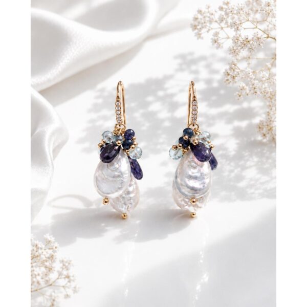 Cercei waterlily din aquamarine si perle