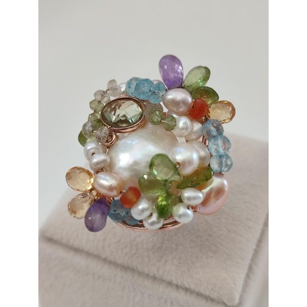 Inel majestic din cuart multicolor si perla baroc Inel majestic din cuart multicolor si perla baroc