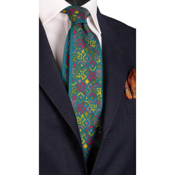 Cravatta-Vintage-di-Seta-Jacquard-Verde-Acqua-Fantasia-Multicolor-CV545