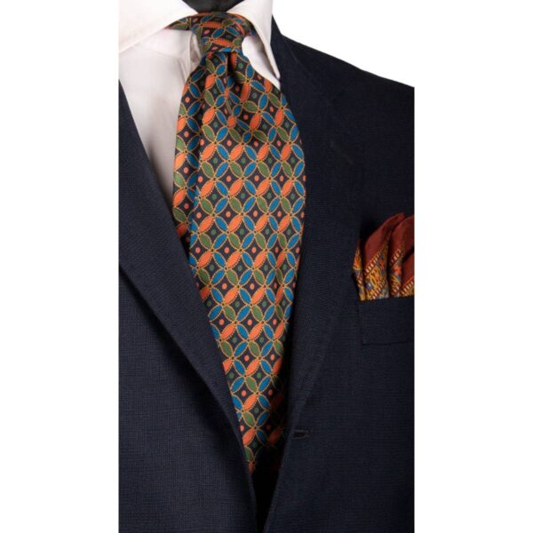 Cravatta-Vintage-in-Twill-di-Seta-Blu-Fantasia-Bluette-Verde-Arancione-CV193