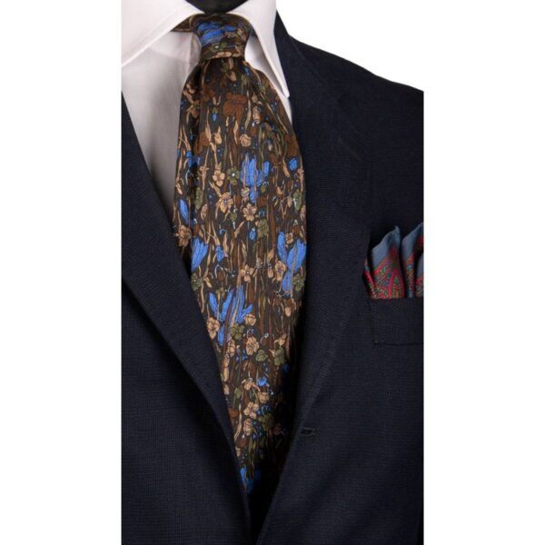 Cravatta-Vintage-in-Twill-di-Seta-Verde-Scuro-a-Fiori-Multicolor-con-Animali-CV335