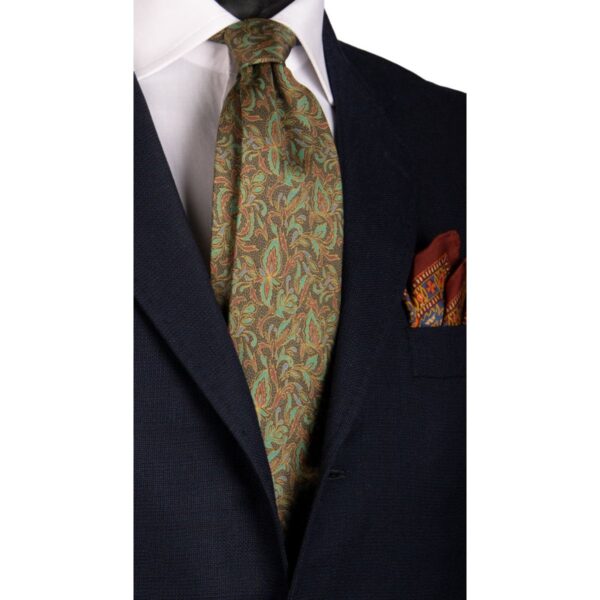 Cravatta-Vintage-in-Twill-di-Seta-Verde-a-Fiori-Verde-Acqua-Ruggine-CV100