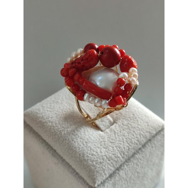 Inel muse din coral rosu si perla baroc 1 Inel muse din coral rosu si perla baroc 1