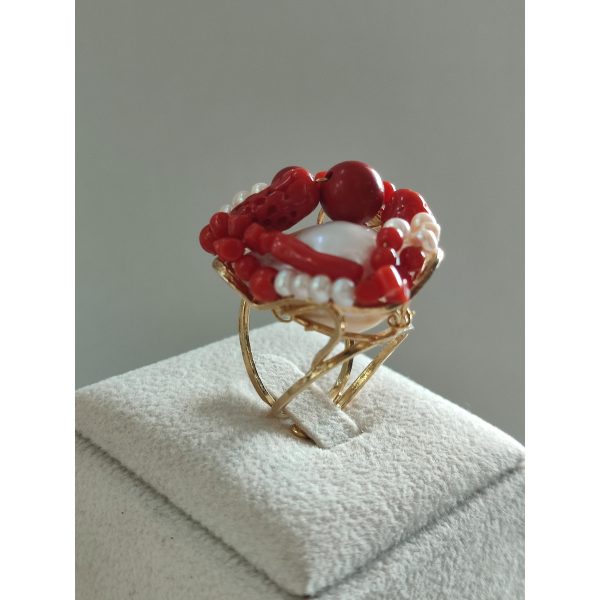 Inel muse din coral rosu si perla baroc Inel muse din coral rosu si perla baroc