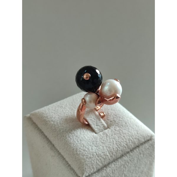 Inel trilogy din agat negru si perle 2 Inel trilogy din agat negru si perle 2