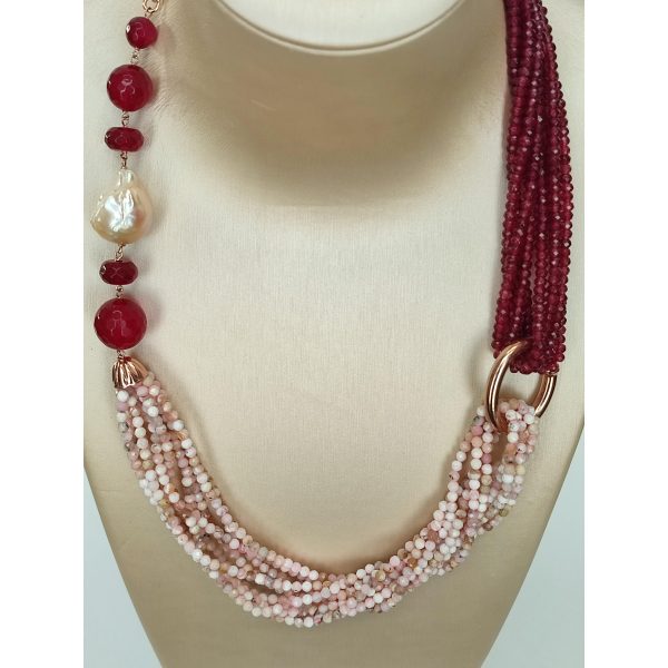 Colier epic din agat rubiniu opal roz si perla Colier epic din agat rubiniu opal roz si perla