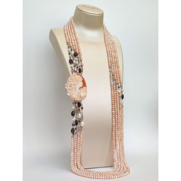 Colier noble din perle roz cuart fumuriu si camee 5 Colier noble din perle roz cuart fumuriu si camee 5