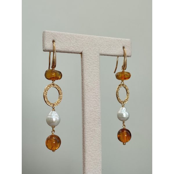 Cercei amberia din perle si chihlimbar mexican Cercei amberia din perle si chihlimbar mexican