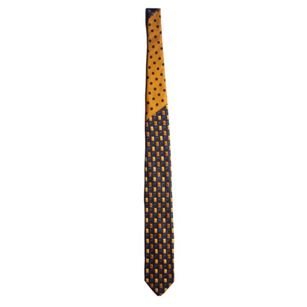 Cravatta-Stampa-Grigio-Scuro-Fantasia-Gialla-Nodo-in-Contrasto-Giallo-Pois-Blu-Intera-N2177