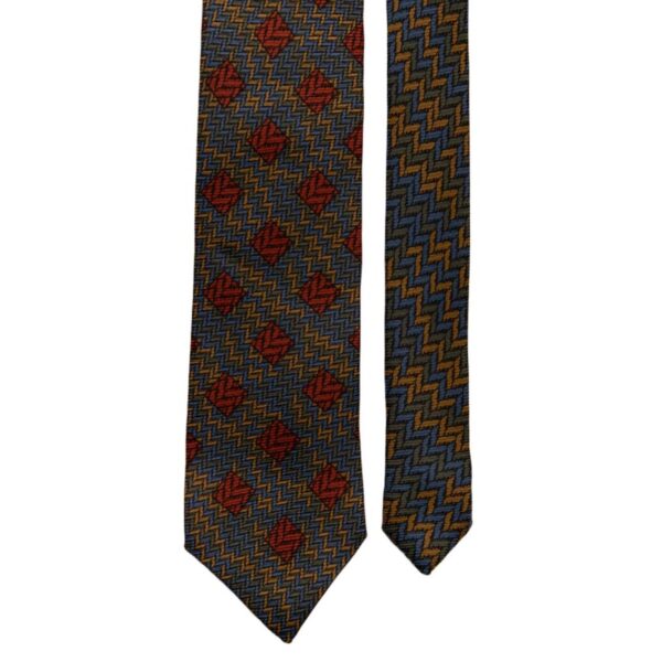 Cravatta-Vintage-in-Saia-di-Seta-Blu-Avio-Verde-Marrone-Fantasia-Nodo-in-Contrasto-Pala-CV165 Cravatta-Vintage-in-Saia-di-Seta-Blu-Avio-Verde-Marrone-Fantasia-Nodo-in-Contrasto-Pala-CV165