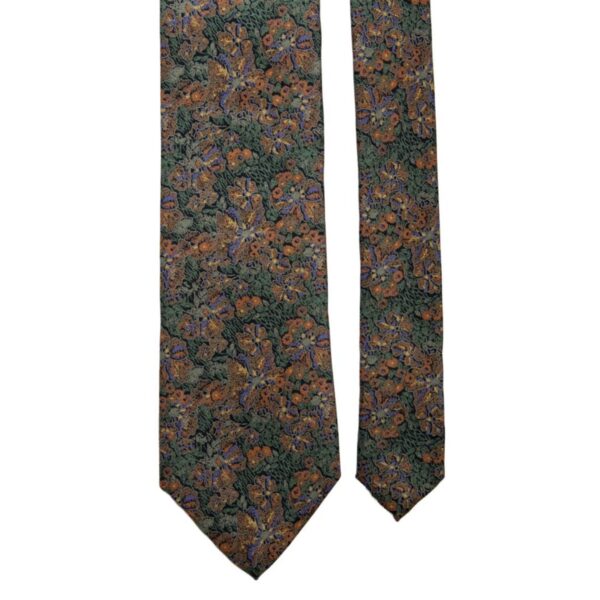 Cravatta-Vintage-in-Saia-di-Seta-Verde-Blu-a-Fiori-Viola-Ruggine-Pala-CV696