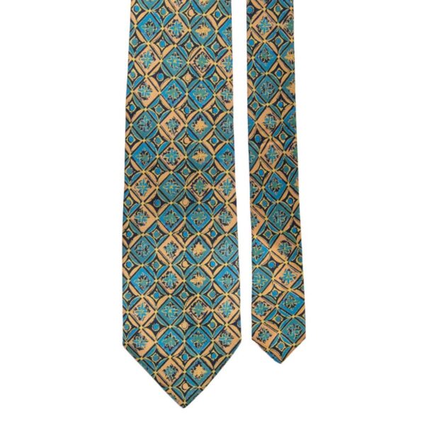 Cravatta-Vintage-in-Twill-di-Seta-Fantasia-Turchese-Beige-Pala-CV219 Cravatta-Vintage-in-Twill-di-Seta-Fantasia-Turchese-Beige-Pala-CV219