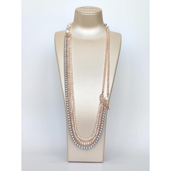 Colier trinity lung cu perle de cultura albe gri si roz Colier trinity lung cu perle de cultura albe gri si roz