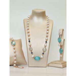 Set jolie din perle jad verde acvatic si agat alb 2