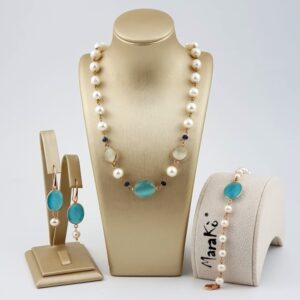 Set jolie din perle jad verde acvatic si agat alb