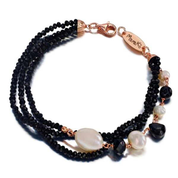 Bratara waterlily din agat negru spinel si perle