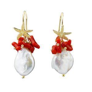 Cercei kyra din perle si coral rosu